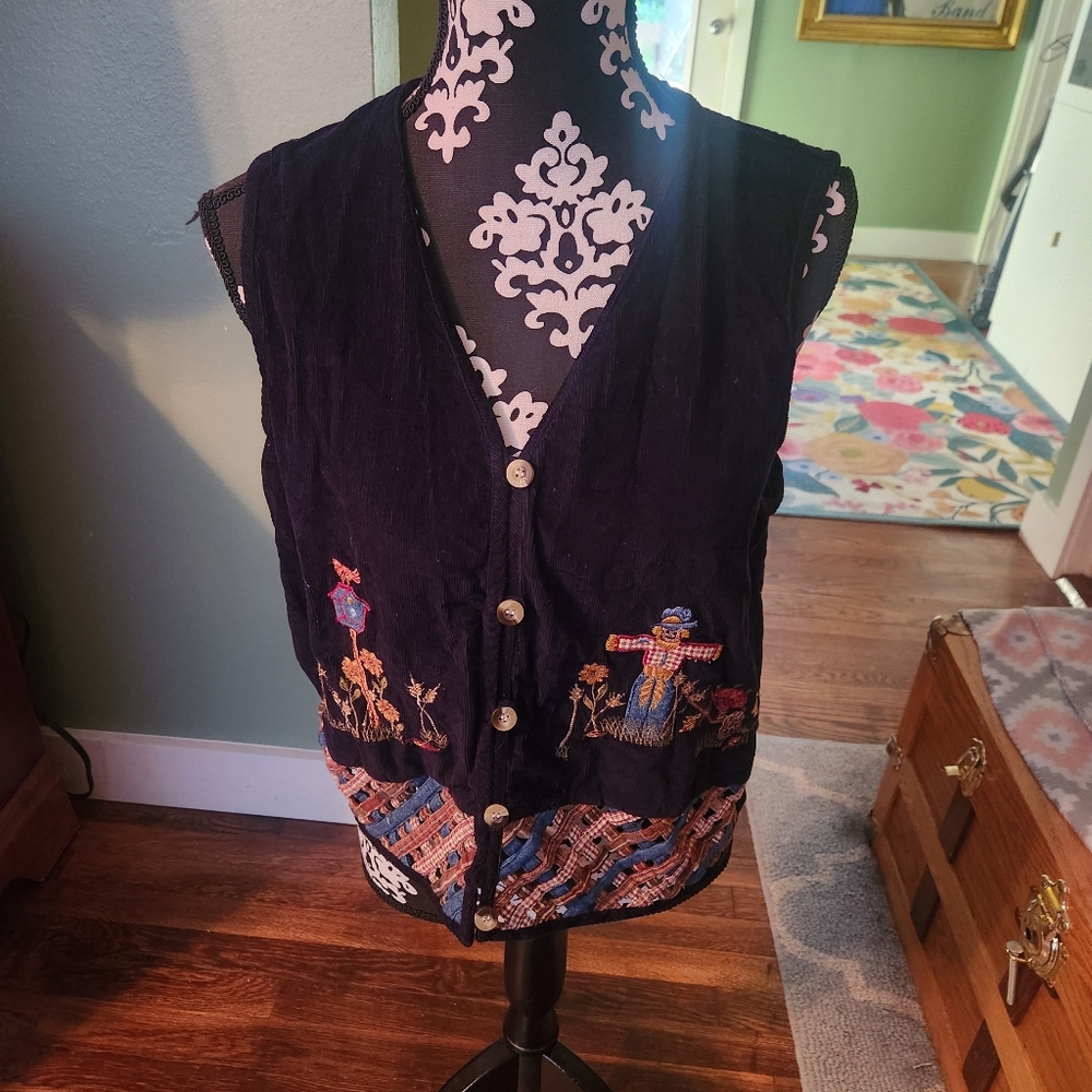 VINTAGE CASEY & MAX Embroidered Scarecrow Autumn/Fall Lattice Corduroy Vest Sz M